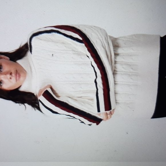 Women's White Turtleneck Sweater with Striped Sleeves 100% cotton ptp31 inch - Picture 2 of 9